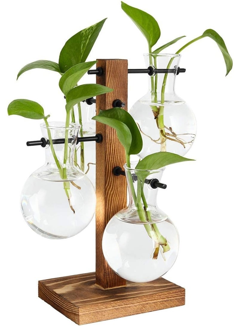 eWINNER Desktop Glass Flower Pot Vase with Retro Solid Wood Small Bench Frame for Hydroponic Plant Family Garden Wedding Decoration - Image 3